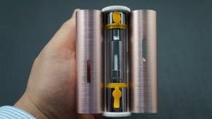 Battery Door can be fit on both ways, if you are using the E-liquid tanks window, please make sure the window is on the bottom half of the unit. The cover on the right is too high to correctly show e-juice level.