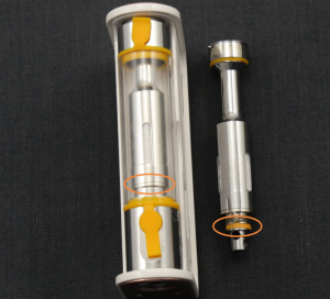 Plato Sub-Ohm cartridge is properly installed when it is screwed down enough to where you can no longer see the orange o-ring.