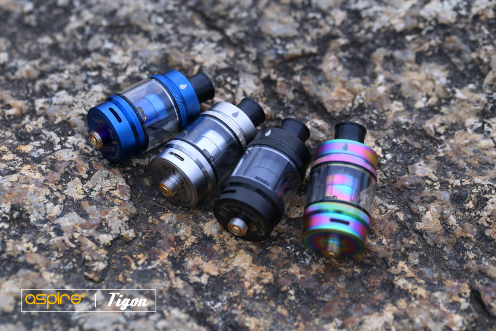 The Aspire Tigon tank comes in four colors: stainless steel, blue, black and rainbow.  