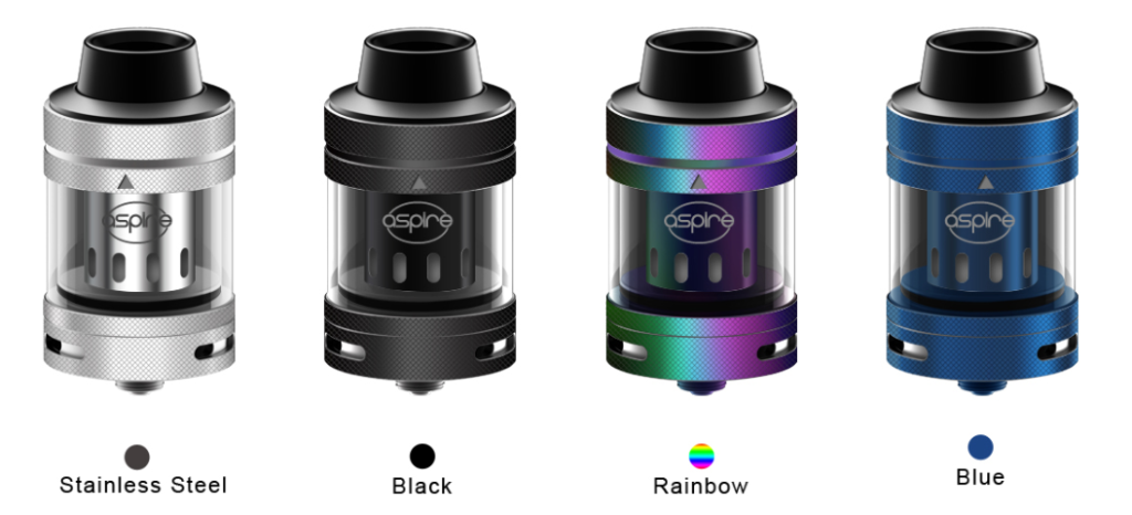 The Aspire Nepho tank is available in four colors: stainless steel, black, rainbow and blue. 