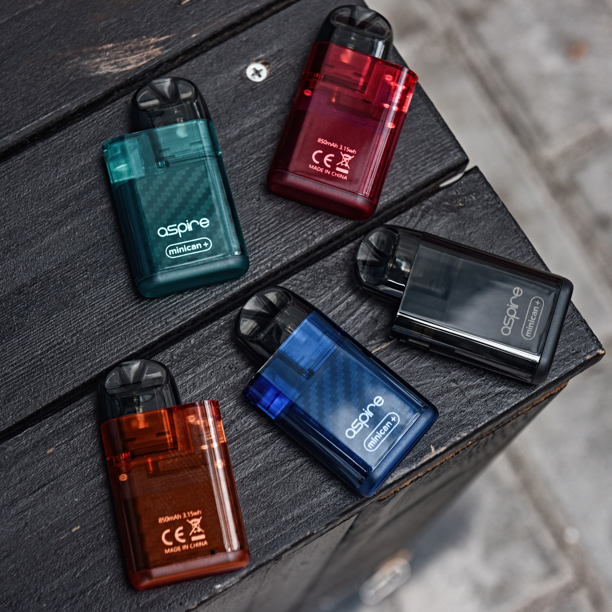 Aspire Minican+ in semitransparent orange, green, blue, red and black.